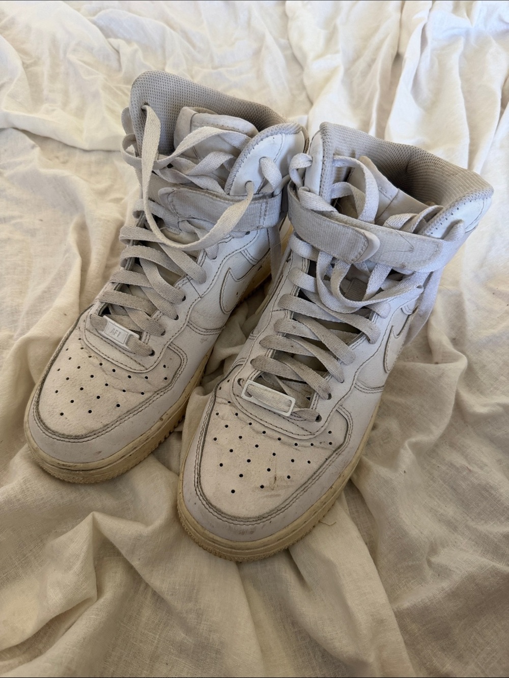 Nike White High-Top Leather Sneakers with Strap - Air Force 1s